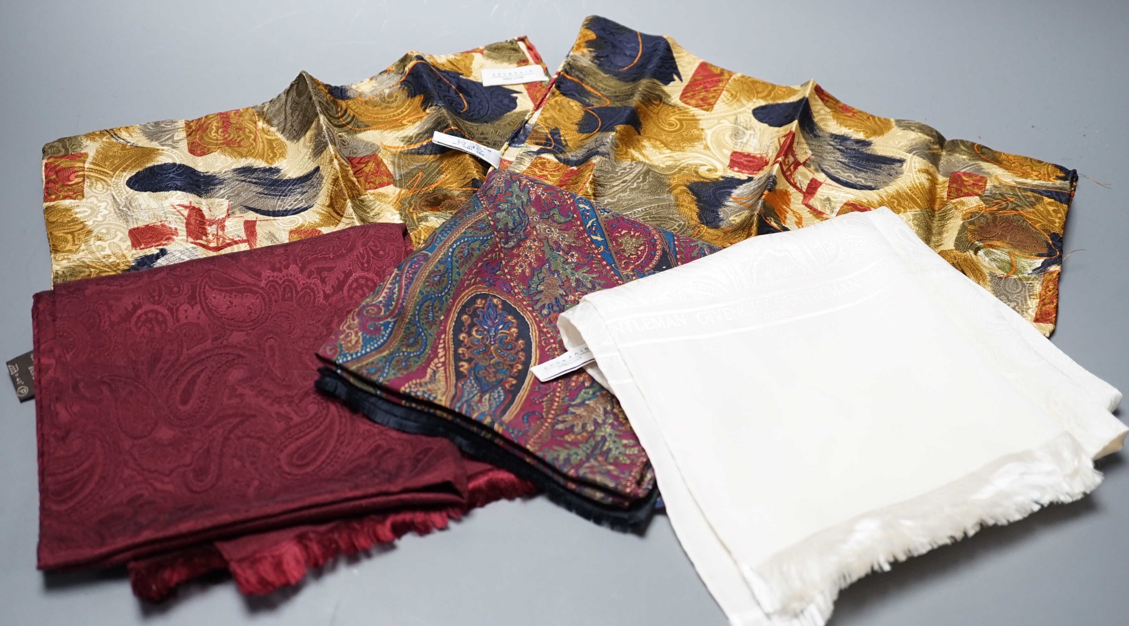 A selection of men's silk scarves and handkerchiefs, to include Givenchy and others